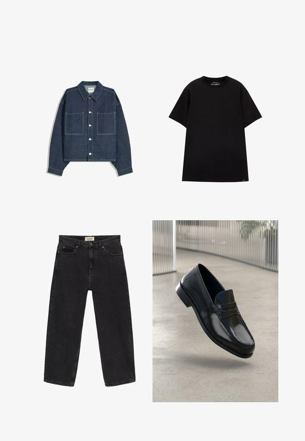 Tmavě modrá džínová zkrácená bunda s špičatým límcem, dvěma předními kapsami a stříbrným zapínáním na knoflíky. Obsahuje viditelné detaily šití.; PULL&BEAR JOIN LIFE - Jednoduché tričko - black; Černé džíny z denimu s uvolněným střihem. Mají pět kapes, přední zapínání na knoflík a detaily prošití. Trochu vybledlá textura.; Černé kožené mokasíny s hladkým povrchem, zaoblenou špičkou, dekorativním prošíváním a mírně zvýšenou podrážkou.