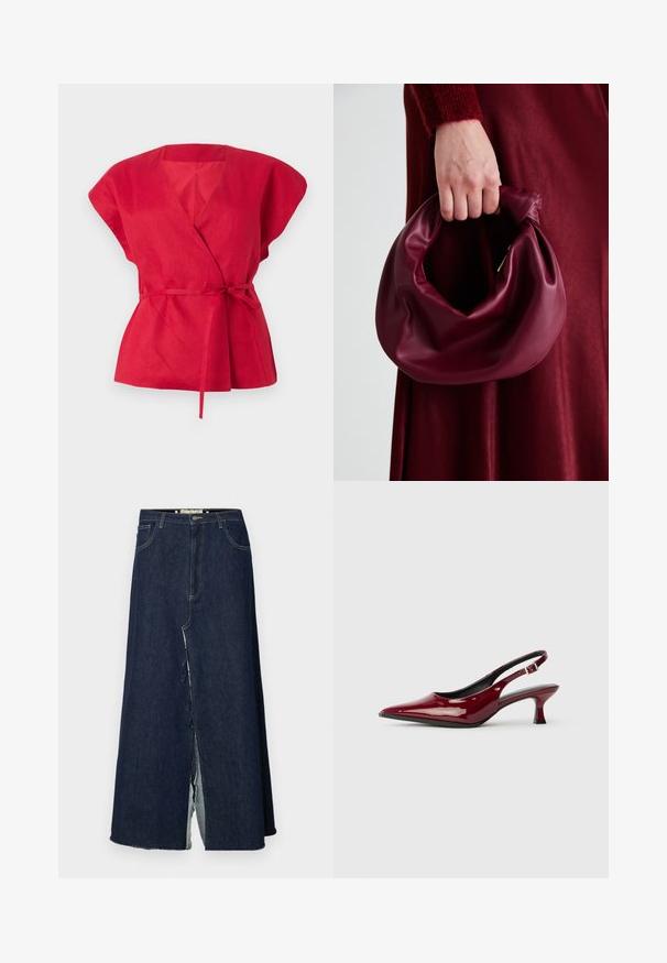 Rød linwrap-top med korte, brede ærmer, dyb V-hals og en bundet taljebælte. Struktureret stof med en glat finish.; Mørkeblå denim lang skjørt med frontslitt. Har tradisjonell fem-lomme design og synlige sømmer. Sømmen er frynset.; Burgunderfargede lakket skinn slingback hæler med spiss tå og en elegant stilettohælhøyde. Åpen bakdesign med justerbar ankelrem.; Bordeaux lærhåndveske med et mykt, samlet design og avrundet form. Håndtaket er festet, og viser en glatt tekstur.