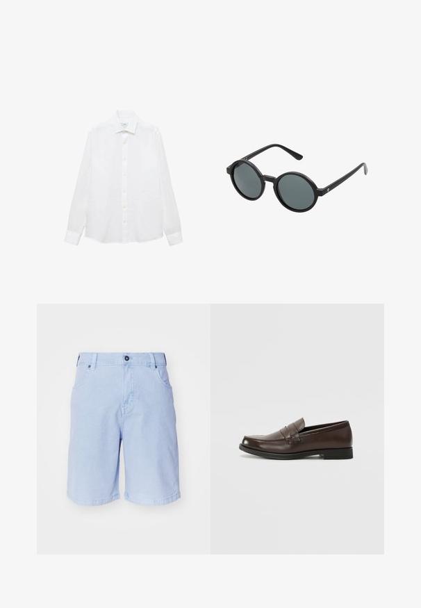 Weißes Langarmhemd aus Baumwolle. Mit button-down Kragen, Knöpfen vorne und geradem Saum. Keine Muster oder Akzente.; Himmelblaue Shorts aus Baumwolle. Mit einem Knopfverschluss, zwei Fronttaschen und einem geraden Schnitt mit umgeschlagenen Säumen.; Brauner Lederloafer mit abgerundetem Zehenbereich, dekorativer Naht und kleinem, flachem Absatz. Glatte Textur mit zurückhaltenden Designelementen.; Runde Sonnenbrillen mit einem schwarzen Kunststoffrahmen und dunkelgrauen Gläsern. Sie verfügen über dünne, gerade Bügel mit minimalistischen Akzenten.; Schwarze Leder-Crossbody-Tasche mit Klappe, zwei silbernen Schnallen, gelben Nähten und einem verstellbaren Tragegurt. Hat eine glatte Textur und ein kompaktes Design.