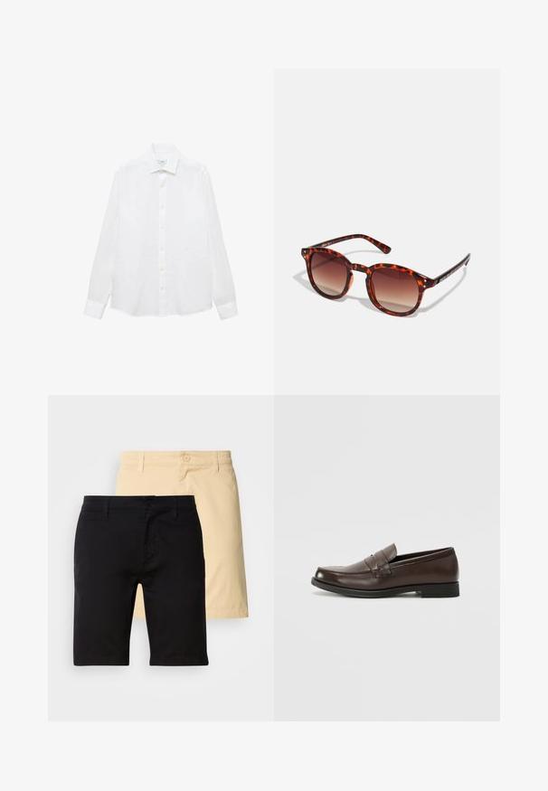 Weißes Langarmhemd aus Baumwolle. Mit button-down Kragen, Knöpfen vorne und geradem Saum. Keine Muster oder Akzente.; Schwarze und beigefarbene Shorts aus Baumwolle, mit Knopfverschluss, Gürtelschlaufen und geradem Schnitt. Die schwarzen Shorts befinden sich vorne.; Brauner Lederloafer mit abgerundetem Zehenbereich, dekorativer Naht und kleinem, flachem Absatz. Glatte Textur mit zurückhaltenden Designelementen.; Schildkrötenmuster Sonnenbrille mit dunkelbraunen Verlaufslinsen, runder Form und schwarzen Tempelakzenten; verfügt über zwei kleine Metallschrauben in der Nähe der Linsen.