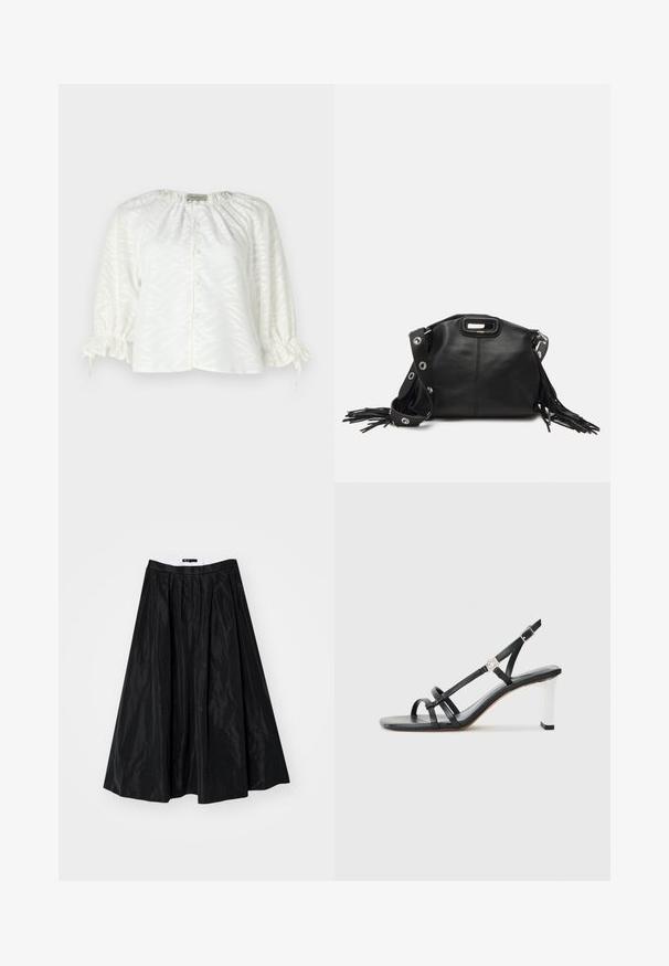 Bela bluza z teksturiranim listnatim vzorcem, zaobljenim izrezom, sprednjim gumbom in elastičnimi, gathered rokavi z vrvicami.; Maje Krilo A-kroja - noir; Črne sandale s peto z več ozkimi trakovi, dizajn slingback in srebrnim poudarkom na peti. Gladek zgornji material in kvadratna peta.; Maje MISS MINI - Torba čez telo - noir; Srebrni uhani v obliki Saturna, ki imajo teksturirano planetarno obliko z obročem, okrašeni z majhnimi prozornimi kristali in uhani v obliki mašne.