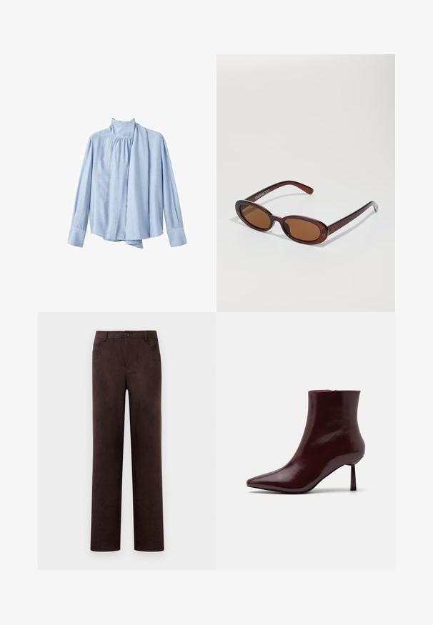 Bluză lungă cu mânecă lungă, de culoare albastră deschisă, realizată dintr-un material neted. Prezintă un guler înalt și un accent de eșarfă drapată în partea din față. Mansete cu nasturi.; Pantaloni din suede de culoare maro închis, cu picioare drepte, închidere frontală cu buton și fermoar, cu bucle pentru curea și buzunare laterale.; Botina din piele patent burgund cu vârf ascuțit și toc stiletto subțire, având o textură netedă și lucioasă și un design minimalist.; Ochelari de soare rotunzi, cu nuanțe de brown și cu un cadru lucios de burgund. Brațe subțiri cu detalii subtile de branding. Design cu lentile plate.; Geantă burgundă împletită, cu o formă rotundă și o mână unică, având o suprafață texturată și un sistem de închidere cu șnur elastic.