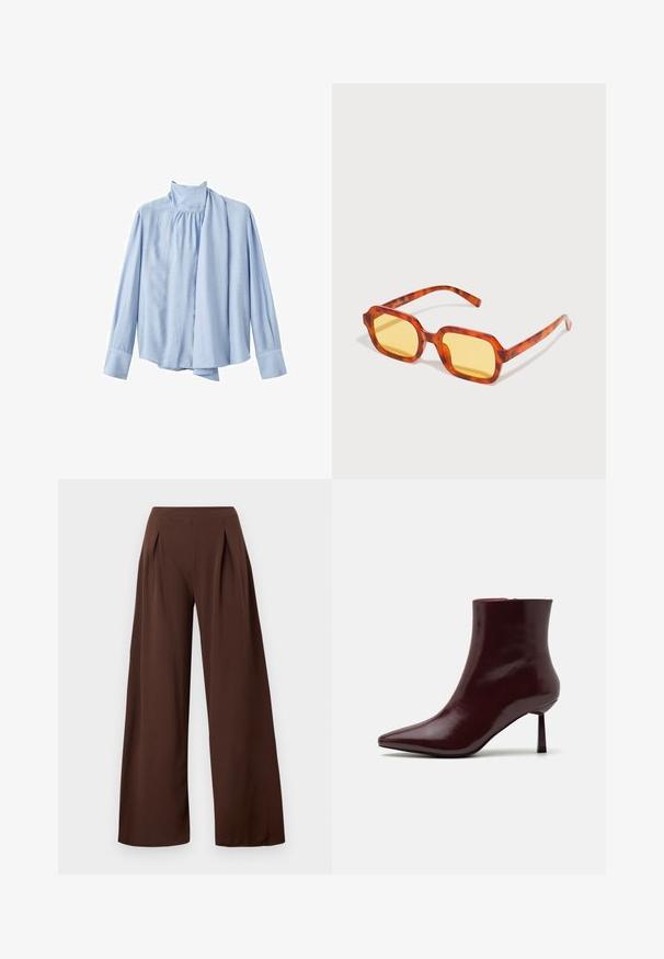 Lichtblauwe blouse met lange mouwen gemaakt van een gladde stof. Bevat een hoge kraag en een gedrapeerde sjaalaccent aan de voorkant. Knopsluiting aan de mouwen.; Wijde broek in donkerbruin stof, met een hoge taille, plooien aan de voorkant en een soepele textuur. Geschikt voor verschillende gelegenheden.; Bordeaux patentleren enkelboot met een spitse neus en een slanke stilettohak, met een gladde, glanzende textuur en een minimalistisch ontwerp.; Rechthoekige zonnebrillen met een schildpadpatroon in rode frames en gele getinte lenzen. Stijlvolle textuur met rechte armen.; Geweven bordeauxkleurige handtas met een afgeronde vorm en een enkele handgreep, voorzien van een gestructureerd oppervlak en een elastische trekkoordsluiting.
