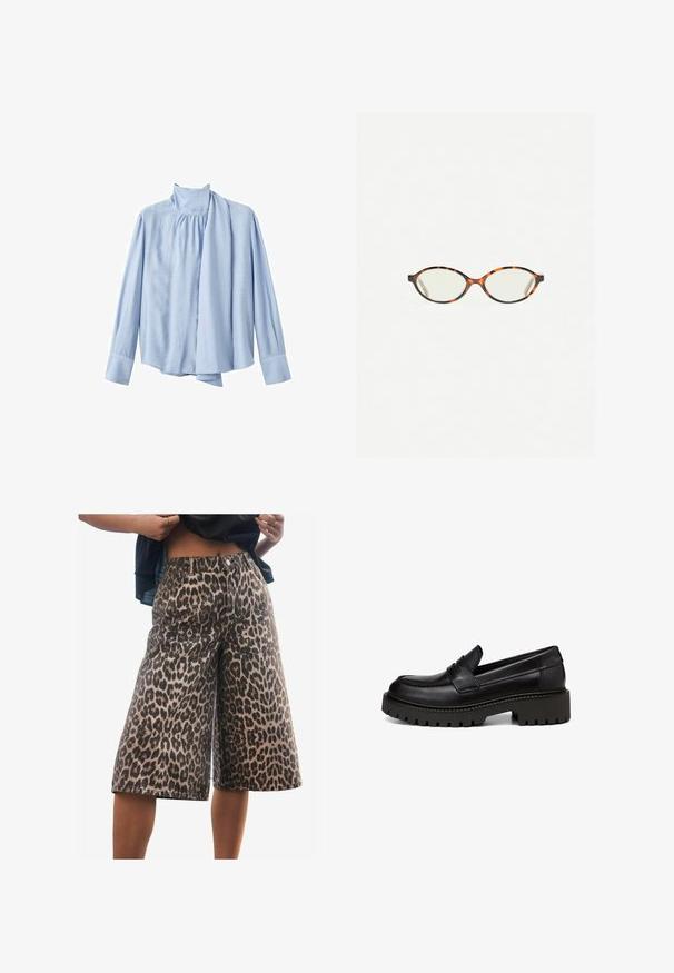 Blouse à manches longues bleu clair en tissu lisse. Dotée d'un col montant et d'un accent d'écharpe drapée sur le devant. Poignets à boutons.; Next JORT - Short en jean - leopard print; Marc O'Polo LOAFER MIT ROBUSTER PROFIL - Chaussons - black; Lunettes en écaille de tortue avec des verres ovales et une finition lisse et élégante. Présente des branches fines avec une courbure subtile au niveau des tempes. Verres transparents.