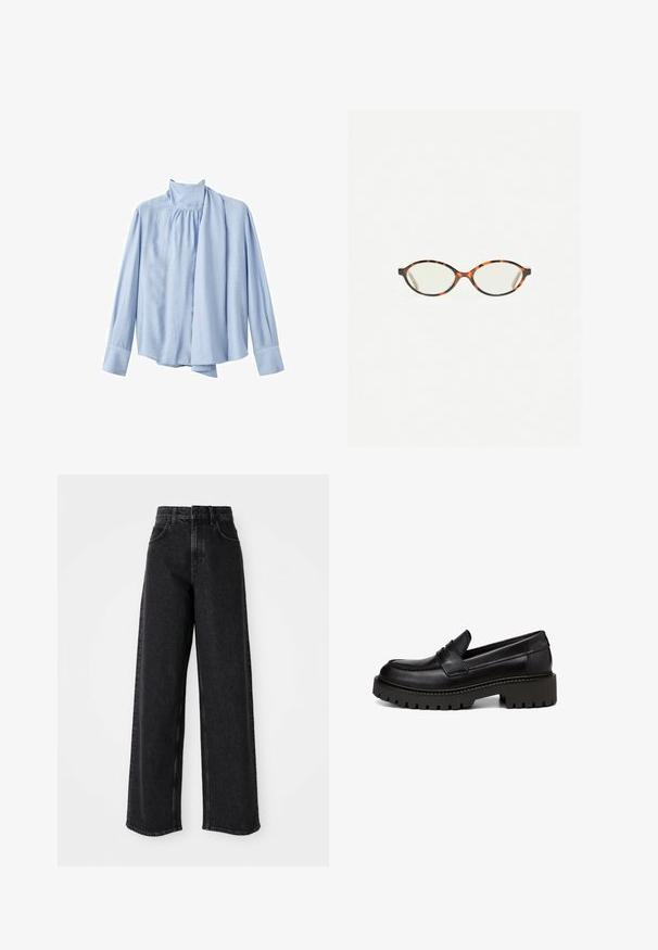 Jasnoniebieska bluzka z długim rękawem wykonana z gładkiego materiału. Posiada wysoki kołnierz oraz drapowaną chustę z przodu. Manżety zapinane na guziki.; Czarne dżinsy z wysokim stanem i szerokimi nogawkami, wykonane z denimu, z klasycznym pięciopocketowym stylem i subtelnymi przeszyciami.; Marc O'Polo - Półbuty wsuwane; Okulary w kolorze tortoiseshell z owalnymi soczewkami i gładkim, eleganckim wykończeniem. Posiadają cienkie boki z delikatnym łukiem w okolicy skroni. Przezroczyste soczewki.