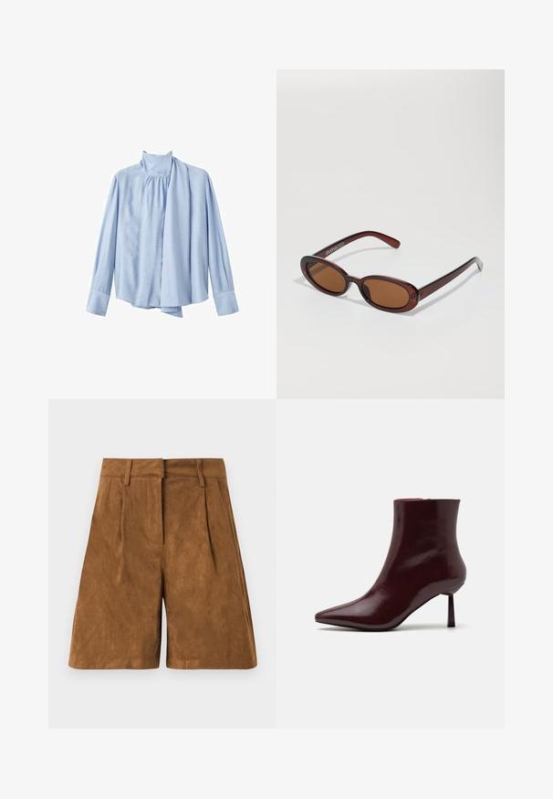 Light blue long-sleeve blouse made of smooth fabric. Features a high collar and a draped scarf accent on the front. Buttoned cuffs.; Brown suede shorts with a smooth texture, featuring front pleats, a flat waistband, and a straight cut.; Burgundy patent leather ankle boot with a pointed toe and a slim stiletto heel, featuring a smooth, glossy texture and minimalistic design.; Round, brown-tinted sunglasses with a glossy burgundy frame. Slim arms with subtle branding detail. Flat lens design.