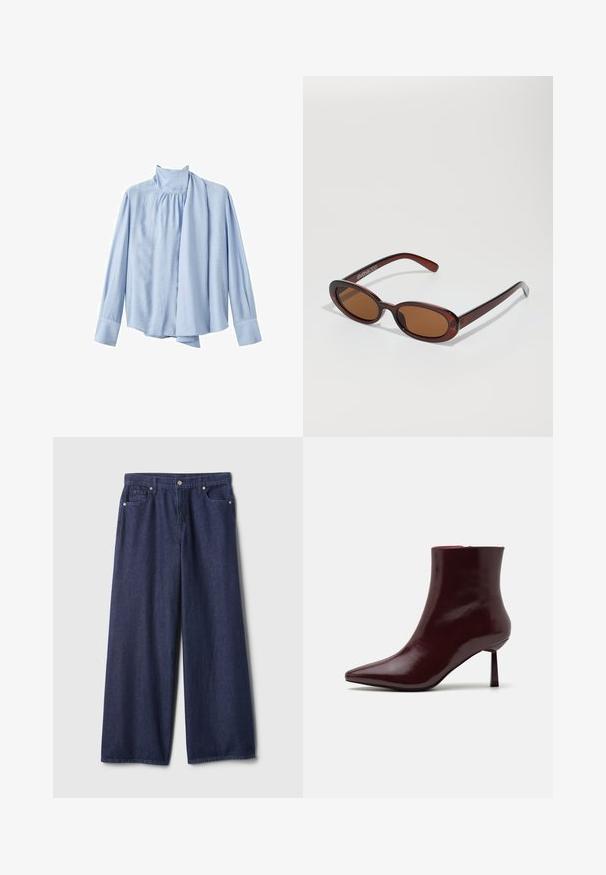 Light blue long-sleeve blouse made of smooth fabric. Features a high collar and a draped scarf accent on the front. Buttoned cuffs.; Wide-leg dark blue denim jeans with a smooth texture, five-pocket design, metallic button closure, and stitched detailing along the seams.; Burgundy patent leather ankle boot with a pointed toe and a slim stiletto heel, featuring a smooth, glossy texture and minimalistic design.; Round, brown-tinted sunglasses with a glossy burgundy frame. Slim arms with subtle branding detail. Flat lens design.