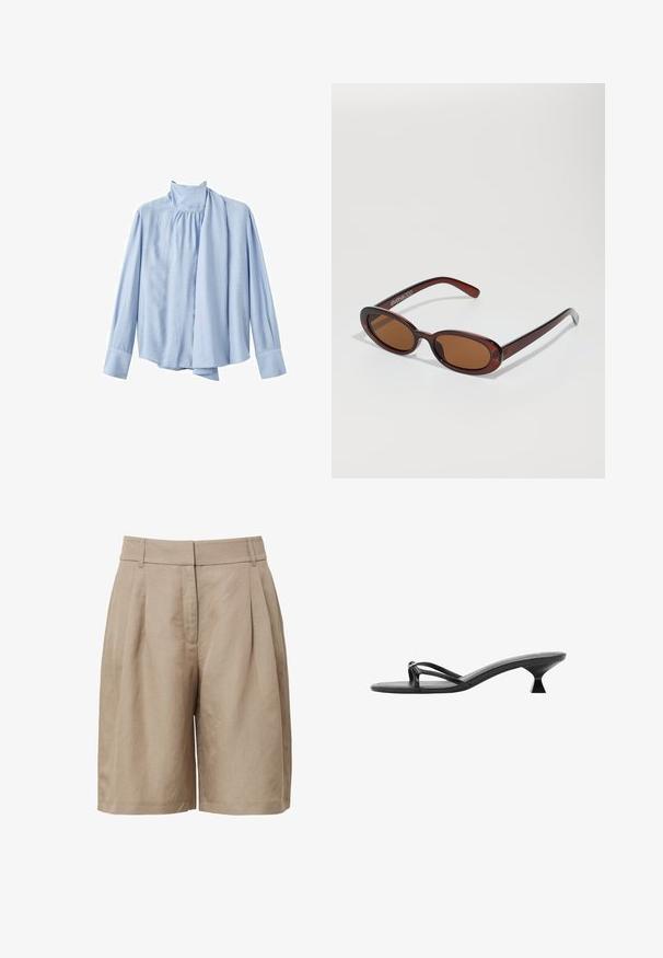 Himmelblausa langärmlige Bluse aus glattem Stoff. Verfügt über einen hohen Kragen und eine drapierte Schal-Akzent auf der Vorderseite. Mit Knopfmanschetten.; Beige High-Waist-Shorts aus strukturiertem Stoff, mit Falten an der Vorderseite und seitlichen Taschen, im geraden Bein schnitt.; Schwarze High Heels Sandalen mit einem eleganten Design, dünnen Riemen und einem einzigartigen dreieckigen Absatz. Glatte Textur mit einem minimalistischen Look.; Runde, braun getönte Sonnenbrillen mit einem glänzenden burgunderfarbenen Rahmen. Schlanke Bügel mit dezentem Branding. Flaches Linsendesign.