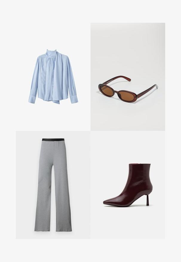 Blusa azzurra chiaro a maniche lunghe realizzata in tessuto morbido. Presenta un colletto alto e un accentuato drappeggio a sciarpa nella parte anteriore. Polsini con bottoni.; Pantaloni a zampa d'elefante a righe bianche e nere con una cintura elastica liscia. Tessuto leggero, caratterizzato da un motivo orizzontale su tutto il capo.; Stivale alla caviglia in pelle laccata bordeaux con punta affusolata e tacco stiletto sottile, caratterizzato da una texture liscia e lucida e da un design minimalista.; Occhiali da sole rotondi con tonalità marrone, montatura lucida color bordeaux. Aste sottili con un sottile dettaglio del marchio. Design delle lenti piatte.; Borsa intrecciata color bordeaux con forma arrotondata e manico singolo, dotata di una superficie testurizzata e chiusura a coulisse elastica.