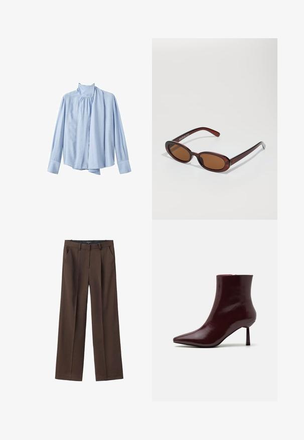 Jasnoniebieska bluzka z długim rękawem wykonana z gładkiego materiału. Posiada wysoki kołnierz oraz drapowaną chustę z przodu. Manżety zapinane na guziki.; Brązowe spodnie o szerokich nogawkach, z fałdami z przodu, paskami i bocznymi kieszeniami. Wykonane z gładkiego materiału o dopasowanym kroju.; Burgundowe lakierowane botki za kostkę z ostrym noskiem i smukłym obcasem w szpilkę, charakteryzujące się gładką, błyszczącą teksturą i minimalistycznym designem.; Okrągłe, brązowe okulary przeciwsłoneczne z błyszczącą bordową oprawą. Cienkie ramiona z subtelnym detalem marki. Płaski kształt soczewek.; Torebka w kolorze burgundowym, pleciona, o zaokrąglonym kształcie i pojedynczym uchwycie, z teksturowaną powierzchnią oraz elastycznym zaciąganym zapięciem.
