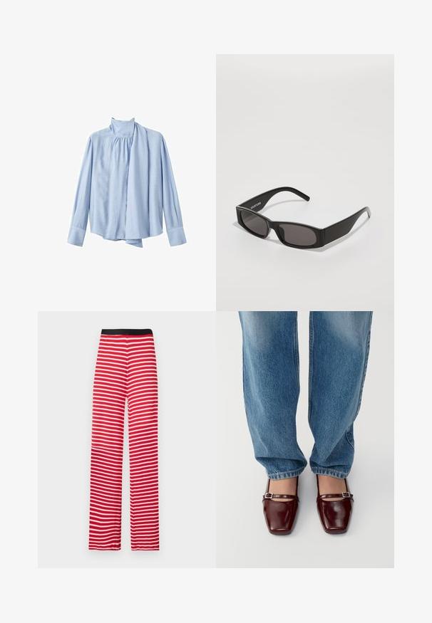 Lichtblauwe blouse met lange mouwen gemaakt van een gladde stof. Bevat een hoge kraag en een gedrapeerde sjaalaccent aan de voorkant. Knopsluiting aan de mouwen.; Rood-witte gestreepte wijde broek met een zwarte elastische tailleband, gemaakt van zachte stof, met even horizontale strepen.; Bordeaux lakleren schoenen met een vierkante neus en enkelband, gecombineerd met lichtblauwe losse spijkerbroek. De schoenen hebben een glanzende afwerking.; Zwarte rechthoekige zonnebril met donkere glazen, een gladde plastic montuur en een subtiel logo op de linkerarm. Minimalistisch ontwerp.