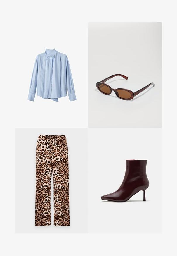 Light blue long-sleeve blouse made of smooth fabric. Features a high collar and a draped scarf accent on the front. Buttoned cuffs.; Leopard print pants with a relaxed fit, featuring a waistband with elastic, made of soft textile with a smooth texture.; Burgundy patent leather ankle boot with a pointed toe and a slim stiletto heel, featuring a smooth, glossy texture and minimalistic design.; Round, brown-tinted sunglasses with a glossy burgundy frame. Slim arms with subtle branding detail. Flat lens design.; Woven burgundy handbag with a rounded shape and a single handle, featuring a textured surface and an elastic drawstring closure.