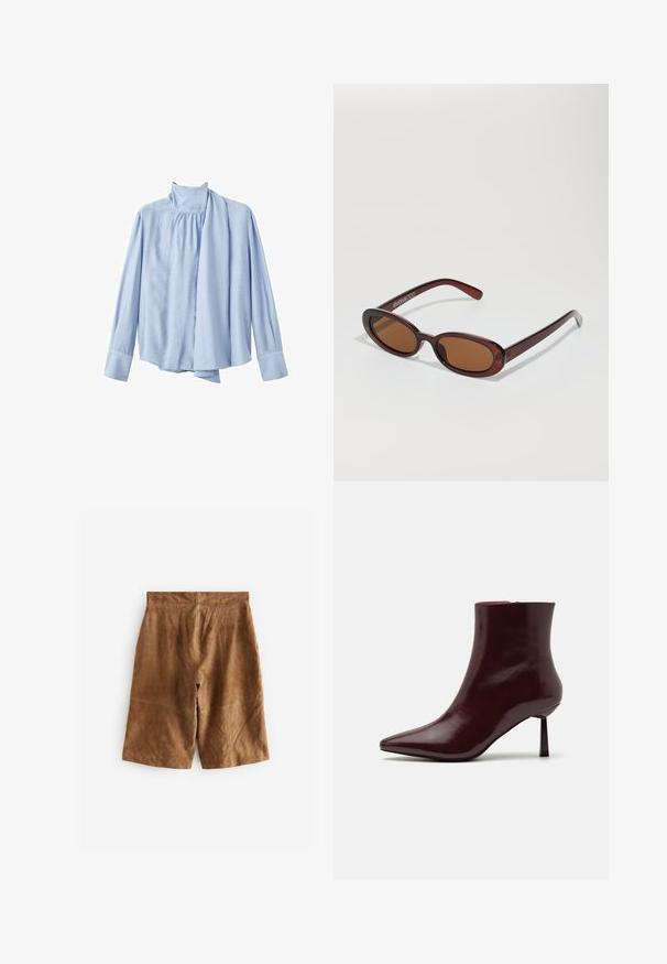 Blusa azzurra chiaro a maniche lunghe realizzata in tessuto morbido. Presenta un colletto alto e un accentuato drappeggio a sciarpa nella parte anteriore. Polsini con bottoni.; Shorts in suede marrone con una vestibilità rilassata, caratterizzati da dettagli delle cuciture sottili e una vita di altezza media. Tessuto liscio senza hardware visibili.; Stivale alla caviglia in pelle laccata bordeaux con punta affusolata e tacco stiletto sottile, caratterizzato da una texture liscia e lucida e da un design minimalista.; Occhiali da sole rotondi con tonalità marrone, montatura lucida color bordeaux. Aste sottili con un sottile dettaglio del marchio. Design delle lenti piatte.; Borsa intrecciata color bordeaux con forma arrotondata e manico singolo, dotata di una superficie testurizzata e chiusura a coulisse elastica.