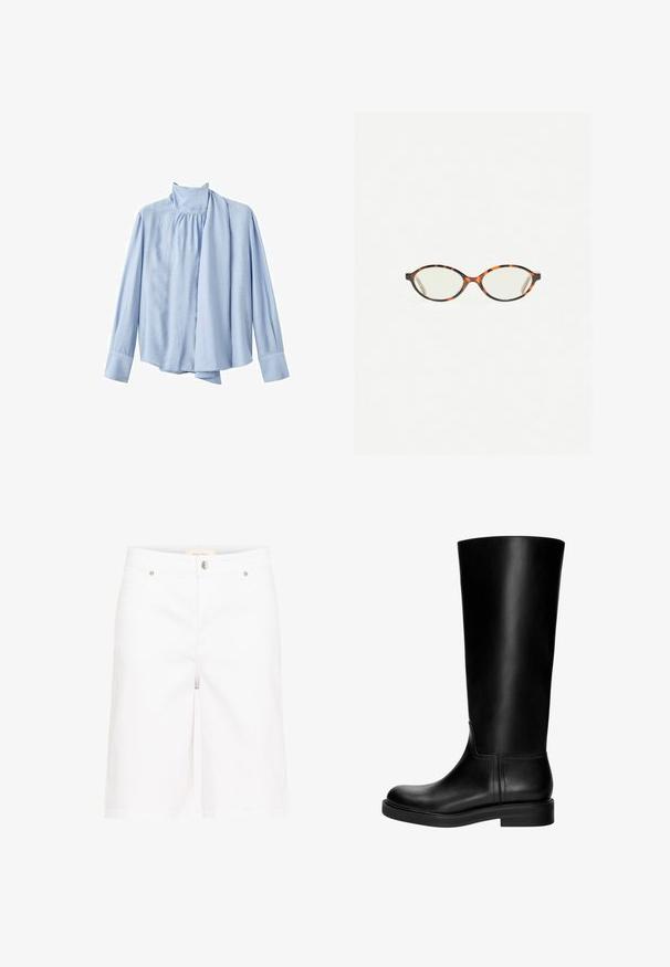 Vaaleansininen pitkähihainen paita, joka on valmistettu sileästä kankaasta. Siinä on korkea kaulus ja edessä laskostettu huivi. Napitettu hihansuu.; Valkoiset denim Bermuda-shortsit suorella leikkauksella, joissa on edestä napitus, vyölenkit ja kaksi etutaskua. Hieno rakenne.; Musta nahkasaapas, joka ulottuu polveen, sileällä pinnalla, pyöristetyllä varpaan muotoilulla, hillityllä designilla ja matalalla lohkokannalla. Ei näkyvää metalliosaa tai kuvioita.; Kilpikonnakuosiset silmälasit, joissa on soikeat linssit ja tyylikäs, sileä pinta. Ominaisuudet: ohuet sivut, joissa on hienovarainen kaari temppeleissä. Kirkkaat linssit.