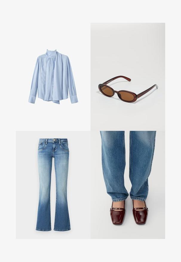 Svetlo modra bluzica z dolgimi rokavi iz gladkega materiala. Ima visok ovratnik in drapiran šalov poudarek spredaj. Zaponke na manšettah.; Svetlo modri flare jeans z srednjim pasom, ki vključujejo pet žepov, rahlo bledenje in šive, okrašene z natančnim šivanjem.; Burgundske patentin gumi čevlje s kvadratnim nosom in trakom okrog gležnja, v kombinaciji s svetlo modrimi lahkotnimi džinsom. Čevlji imajo sijoč zaključek.; Okrogle, rjavo obarvane sončne naočare z sijočim burgundskim okvirjem. Tanek nosilec s subtilnim logotipom. Oblika leč je ravna.