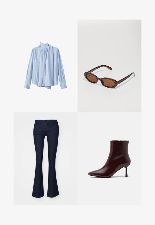 Svetlo modra bluzica z dolgimi rokavi iz gladkega materiala. Ima visok ovratnik in drapiran šalov poudarek spredaj. Zaponke na manšettah.; Temno moder flared jeans z srednjim pasom, ki vsebujejo sprednje žepke in zapiranje na gumb. Gladka tekstura in čist zaključek.; Burgundska patentna kožna gležnjarja s koničastim nosom in ozko špicasto peto, s gladko, sijočo teksturo in minimalističnim dizajnom.; Okrogle, rjavo obarvane sončne naočare z sijočim burgundskim okvirjem. Tanek nosilec s subtilnim logotipom. Oblika leč je ravna.; Tkanina burgundska torbica z zaobljeno obliko in enim ročajem, s teksturirano površino in elastičnim zaveznim zapiranjem.