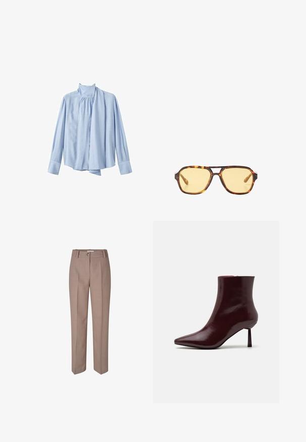 Svetlo modra bluzica z dolgimi rokavi iz gladkega materiala. Ima visok ovratnik in drapiran šalov poudarek spredaj. Zaponke na manšettah.; Bež hlače z ravnimi nogavicami, zasnovane po meri, z gumbom in nabranim sprednjim delom. Gladka tekstura in sijoč zaključek.; Burgundska patentna kožna gležnjarja s koničastim nosom in ozko špicasto peto, s gladko, sijočo teksturo in minimalističnim dizajnom.; Kostanjeve sončne očala z geometrijskim dizajnom, rumenimi lečami in kovinskimi poudarki na tempeljih. Širok okvir in mat tekstura.; Tkanina burgundska torbica z zaobljeno obliko in enim ročajem, s teksturirano površino in elastičnim zaveznim zapiranjem.