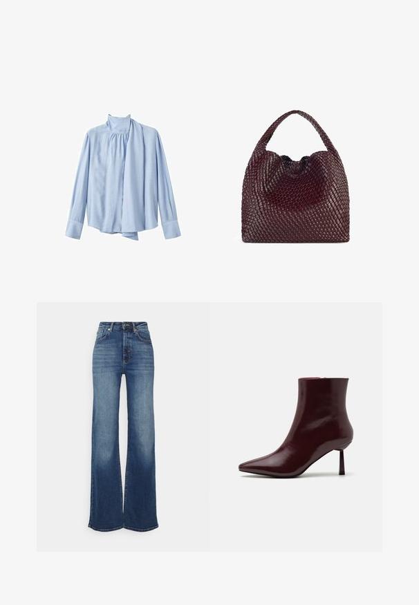 Bluză lungă cu mânecă lungă, de culoare albastră deschisă, realizată dintr-un material neted. Prezintă un guler înalt și un accent de eșarfă drapată în partea din față. Mansete cu nasturi.; Jeans cu picioare largi din denim de culoare albastru mediu. Cu talie înaltă și un finisaj neted, față ușor decolorată și detalii subtile de cusătură. Se închid la talie cu un nasture.; Botina din piele patent burgund cu vârf ascuțit și toc stiletto subțire, având o textură netedă și lucioasă și un design minimalist.; Geantă burgundă împletită, cu o formă rotundă și o mână unică, având o suprafață texturată și un sistem de închidere cu șnur elastic.