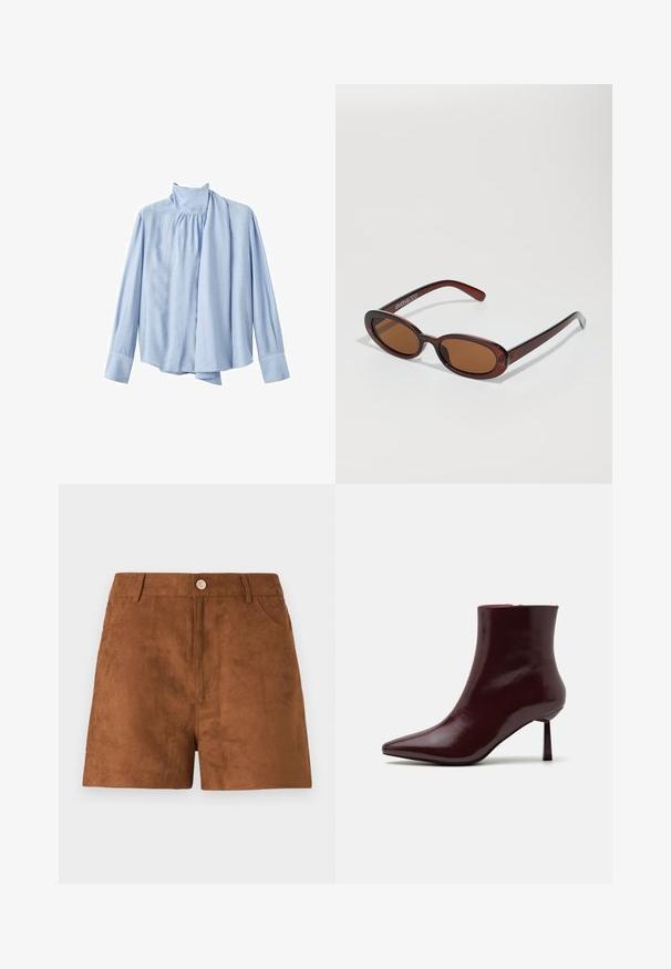 Svetlo modra bluzica z dolgimi rokavi iz gladkega materiala. Ima visok ovratnik in drapiran šalov poudarek spredaj. Zaponke na manšettah.; Rjave semiš hlače do kolen z gladko teksturo, z zapiranjem na gumb spredaj in stranskimi žepi. Ravno krojene in dolžine do sredine stegen.; Burgundska patentna kožna gležnjarja s koničastim nosom in ozko špicasto peto, s gladko, sijočo teksturo in minimalističnim dizajnom.; Okrogle, rjavo obarvane sončne naočare z sijočim burgundskim okvirjem. Tanek nosilec s subtilnim logotipom. Oblika leč je ravna.; Tkanina burgundska torbica z zaobljeno obliko in enim ročajem, s teksturirano površino in elastičnim zaveznim zapiranjem.