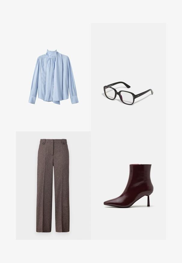 Vaaleansininen pitkähihainen paita, joka on valmistettu sileästä kankaasta. Siinä on korkea kaulus ja edessä laskostettu huivi. Napitettu hihansuu.; Ruske leve hlače širokega kroja iz teksturiranega materijala. Imajo dve sprednji žepi in natančno prileganje z dvema gumboma na pasu.; Burgundi kiiltävä nahkainen nilkkasaapas, jossa on terävä kärki ja kapea korko, joka esitellään sileällä, kiiltävällä pinnalla ja minimalistisella suunnittelulla.; Mustat suorakulmaiset lasit kirkkailla linsseillä, pyöristettyjen reunojen ja sivu-akseleiden kanssa, kiiltävällä viimeistelyllä kehykset ja varsissa.; Punainen viininvärinen käsilaukku, joka on pyöreämuotoinen ja jossa on yksi kahva. Laukussa on tekstuuri pinta ja joustava nyöri sulkimena.