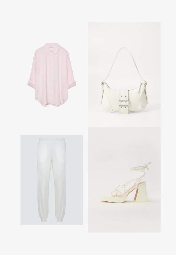 Jasnoróżowa koszula zapinana na guziki z kołnierzykiem, o lekko oversize'owym kroju, z podwiniętymi rękawami i gładkim, fakturowanym materiałem.; Białe spodnie dresowe z elastycznym pasem, bocznymi kieszeniami i ściągaczami na mankietach. Gładki materiał o lekko luźnym kroju i wygiętych detalach szwów.; Biała sandał na wysokim obcasie z masywnym słupkiem, z paskowym wzorem i wiązaniem przy kostce. Gładka faktura z platformą z przodu dla dodatkowej wysokości.; Biała torebka na ramię o fakturowanym wykończeniu, z centralnym akcentem w postaci klamry i zaokrąglonym kształcie. Zapięcia na zamek błyskawiczny po obu stronach.