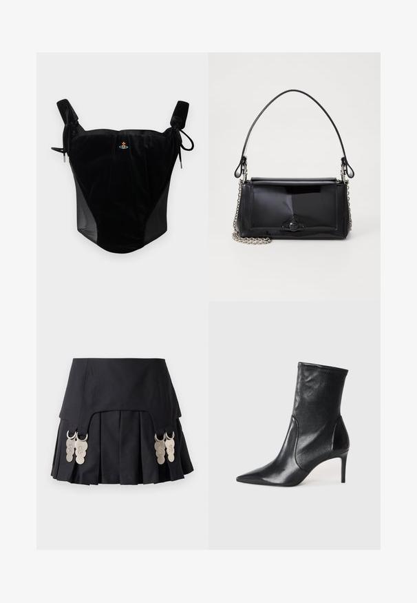 Top in velluto nero con corsetto e spalline regolabili, arricchito da un piccolo emblema ricamato al centro su uno sfondo semplice.; Gonna nera plissettata con dettagli in metallo sui lati, realizzata in un tessuto strutturato con una texture liscia e un design pulito.; Stivali neri alla caviglia realizzati in pelle liscia, caratterizzati da un punta affusolata, stivale aderente e un tacco alto e sottile. Design minimalista senza hardware visibile.; Borsa a tracolla in vernice nera con forma rettangolare, tracolla a catena e un distintivo accessorio in metallo al centro. Texture liscia.