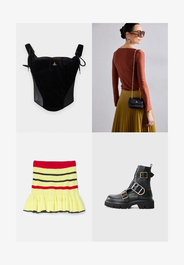 Černý sametový korzetový top s nastavovacími zavazovacími ramínky a malým vyšitým emblémem uprostřed na jednobarevném pozadí.; Pletená sukně žluté barvy s červenými, černými a tmavě šedými pruhy. Má volánkový lem a žebrovanou texturu v pase.; Černé kožené kotníkové boty s robustní podešví, zdobené několika pásky a zlatými kovovými detaily. Hladký povrch, robustní design.; Vivienne Westwood SMALL PURSE CHAIN - Taška s příčným popruhem - black