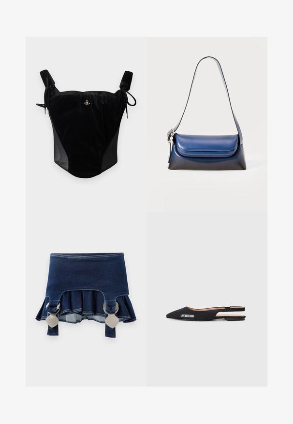 Černý sametový korzetový top s nastavovacími zavazovacími ramínky a malým vyšitým emblémem uprostřed na jednobarevném pozadí.; Džínová sukně s rozšířeným spodním lemováním. Obsahuje dvě nastavitelné šedé spony, tmavě modrou barvu a kontrastní švy podél lemu.; Černé slingback baleríny s špičatou špičkou, vyrobené z hladkého materiálu. Obsahují bílé branding "LOVE MOSCHINO" a minimalistic design.; Námořnická kožená kabelka s hladkým povrchem, zaobleného tvaru, s sklopeným vrchem a jedním ramenním popruhem. Obsahuje stříbrné kovové doplňky.
