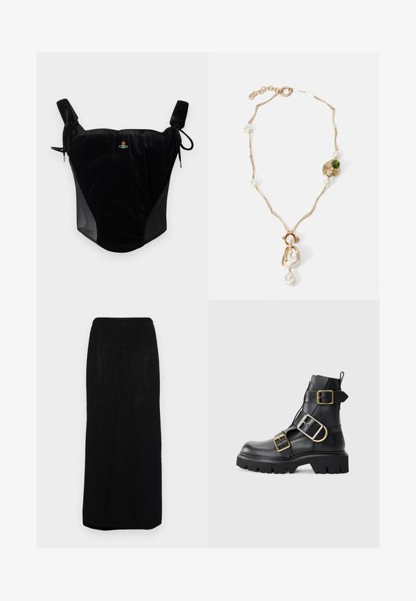 Czarny welurowy top koronkowy z regulowanymi sznurkami oraz małym haftowanym emblemem na gładkim tle.; Czarna dzianinowa spódnica maxi o prostym kroju, z prążkowanym pasem w talii oraz subtelnymi pionowymi szwami po bokach.; Czarne skórzane botki za kostkę z masywną podeszwą, wyposażone w liczne paski i złote akcenty. Gładka tekstura, surowy design.; Złota naszyjnik z splotami, białymi perłami i akcentem zielonego kamienia. Posiada skomplikowane detale oraz zapięcie do zamykania.