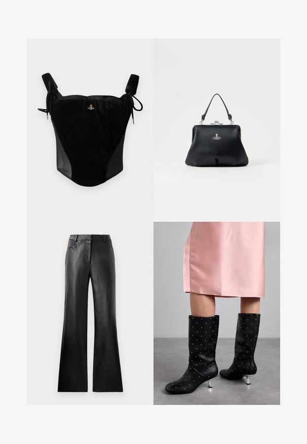 Fekete bársony fűző, állítható kötőpántokkal és kis középső hímzett emblémával, sima háttéren.; Fekete bőrnadrág, amely enyhén bővül a nadrág szárán, sima textúrával rendelkezik, és két elülső zsebe van, fekete és barna kiemelésekkel a deréknál.; Fekete, térdig érő csizmák sima anyagból, finom szegecses mintával és ezüstszínű sarokkal. Rózsaszín selyem ruhával párosítva.; Fekete bőr kézitáska texturált felülettel, ezüst hardware-rel, zárható csattal és rövid fogantyúval a hordozáshoz. Kompakt és strukturált kialakítás.