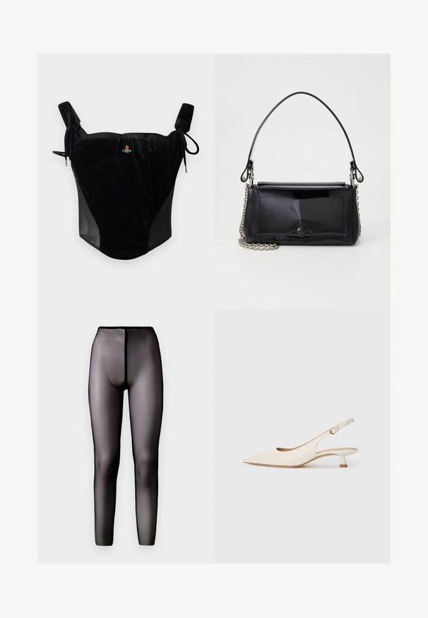 Zwarte fluwelen korset-top met verstelbare strikbandjes en een klein centraal geborduurd embleem op een effen achtergrond.; Doorzichtige zwarte legging met een hoge taille en een soepele textuur. Voorzien van een naadloos ontwerp en een figuuraccentuerende silhouette.; Crèmekleurige puntneus slingback schoen met lage kittenheel en gouden gesp op een effen witte achtergrond.; Zwart gepatineerd leren handtas met een rechthoekige vorm, kettingband en een opvallend hardwareaccent in het midden. Gladde textuur.