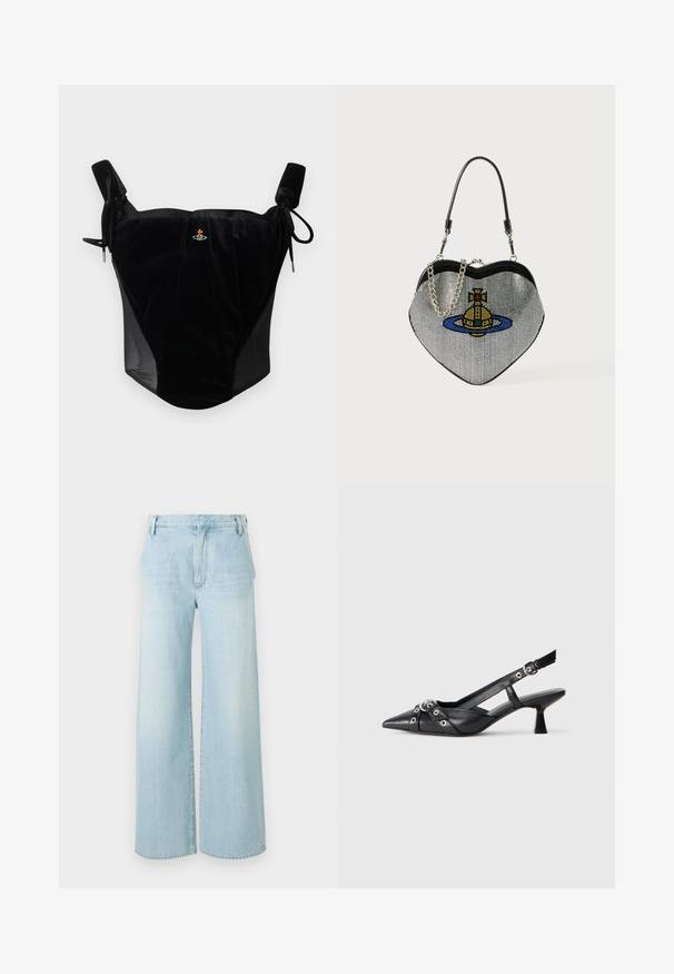 Top de corselet de veludo preto com alças ajustáveis e um pequeno emblema bordado central em fundo liso.; Calças de ganga wide-leg em azul claro. Apresentam uma cintura alta, design de cinco bolsos e um desbotamento subtil, com um acabamento limpo.; Sapato slingback em couro preto com biqueira fina, tiras decorativas com ilhós de metal e um pequeno salto quadrado. Superfície texturizada.; Bolsa em forma de coração feita de rede com um acabamento metálico, apresentando um design de gato e planeta em azul, amarelo e vermelho. Inclui uma alça em corrente.