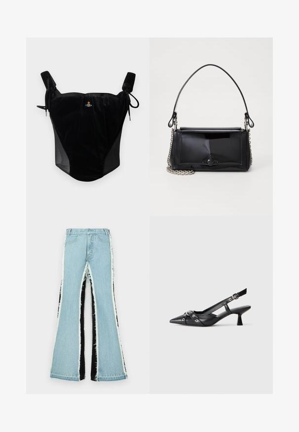Top de corselet de veludo preto com alças ajustáveis e um pequeno emblema bordado central em fundo liso.; Jeans flare azul claro com painéis laterais pretos, bordas desfiadas e um design de cintura alta. Possui bolsos padrão e passantes para cinto.; Sapato slingback em couro preto com biqueira fina, tiras decorativas com ilhós de metal e um pequeno salto quadrado. Superfície texturizada.; Bolsa de mão em verniz preto com formato retangular, alça de corrente e um detalhe de hardware distinto no centro. Textura suave.