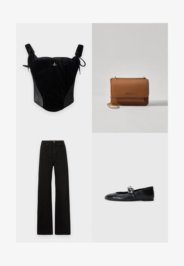 Melna samta korsete ar regulējamām saitēm un mazu centrālo izšuvumu uz vienkrāsaina fona.; Melni plati džinsi, izgatavoti no izturīga auduma. Iekļauj priekšējo pogu aizdari, jostas cilpas un divas priekšējās kabatas. Gluda, vienmērīga tekstūra.; Melnas ādas baleta kurpes ar smailu purngalu, ar siksniņu ar apaļu metāla sprādzi un platu zoli.; Brūna teksturēta ādas plecu soma ar zelta ķēdes siksnu un atloka aizdari. Priekšpusē ir logotipa detaļa un kabata zem atloka.