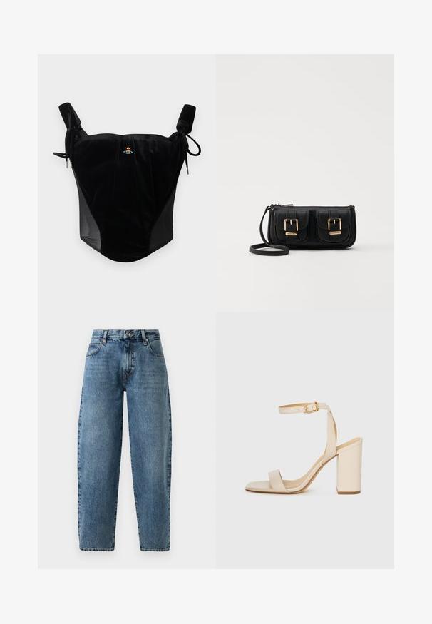 Juodas aksominis korsetas su reguliuojamomis raišteliais ir maža centrinė išsiuvinėta emblema ant paprasto fono.; Šviesiai mėlyni džinsai su tiesiomis kojomis, aukštu liemeniu ir minimaliai siuvinėjimu. Klasikinis penkių kišenių stilius su metalinėmis detalėmis.; Bežinės aukštakulnės šlepetės su kvadratiniu носu, plona kulkšnies juosta ir blokiniu kulnu. Lygus odos tekstūra su aukso sagte.; Juodas odinis per petį nešiojamas krepšys su dviem priekiniais kišenėmis, auksiniais sagtimis, užtrauktuko uždarymu ir siauromis petnešomis. Textūruota paviršius ir kompaktiškas stačiakampis formatas.