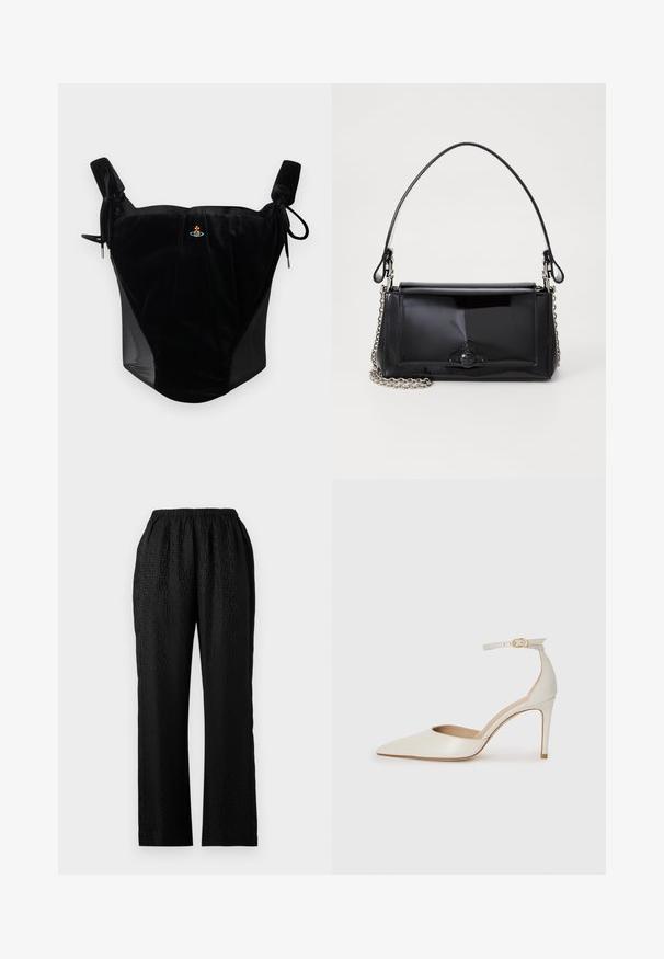 Schwarzes Samt-Corsettop mit verstellbaren Bindebändern und kleinem zentralem gesticktem Emblem auf einfarbigem Hintergrund.; Schwarze Hose mit elastischem Bund und strukturiertem Design, das ein dezentes Muster aufweist, gerade Beinform und einem leichten Stoff.; Weiße Leder-Pumps mit spitz zulaufender Zehe, Knöchelriemen und schlanker Stiletto-Absatz. Glatte Oberfläche mit dezent glänzendem Finish.; Schwarze Lackleder-Handtasche mit rechteckiger Form, Kettenriemen und einem markanten Hardware-Akzent in der Mitte. Glatte Textur.