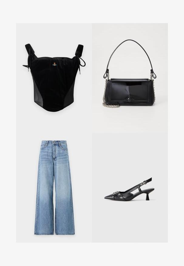 Sort fløjlskorsetop med justerbare snore-stropper og lille centralt broderet emblem på en ensfarvet baggrund.; Lyseblå vidde jeans lavet af denim. Har en høj talje, store udvidede ben og standard fem-pockets design med metaldetaljer.; Sort lædersandal med spids tå, dekorative stropper med metaløjer og en lav blokhæl. Struktureret overflade.; Sort patenteret læder håndtaske med rektangulær form, kædestrop, og et særpræget hardwaredetalje i midten. Glat tekstur.