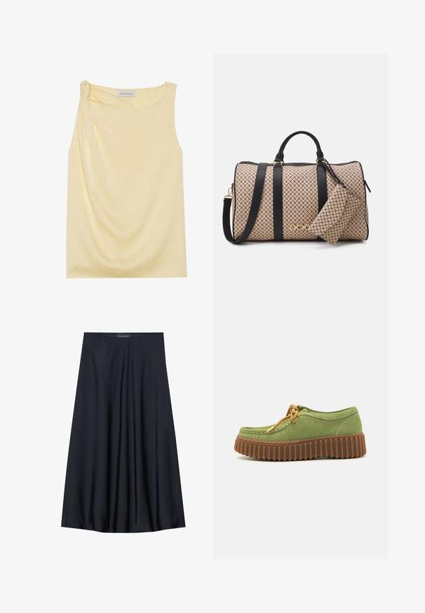 Bežėje be rankovių geltonas topas su tekstūruota apdaila ir susiraukšlėjusi detale šone. Minkšta medžiaga ir laisvas siluetas, turi tiesią apatinę kraštinę.; Juoda, iki kelių siekianti sijonas, pagamintas iš lengvos medžiagos, turinčios sraunią struktūrą. Jame yra lygus paviršius ir subtilūs raukiniai, skirti papildomam akcentui.; Žalios zomšos bateliai su apvaliu pirštu, rudu grublėtu padu ir oranžinėmis raištelėmis. Savybė yra kontrastinga siuvinėjimo linija aplink kraštus.; Būtinė kuprinė su kreminės spalvos raštuotu išoriniu paviršiumi, juodais odiniais diržais, auksine furnitūra ir mažai atitinkančia kišene. Struktūrizuotas dizainas.; Aukso spalvos kvadratinis laikrodis su baltu ciferblatu, sidabro spalvos valandų žymekliais ir patvariu metaliniu apyrankiu. Įtrauktas vandeniui atsparus funkcionalumas.