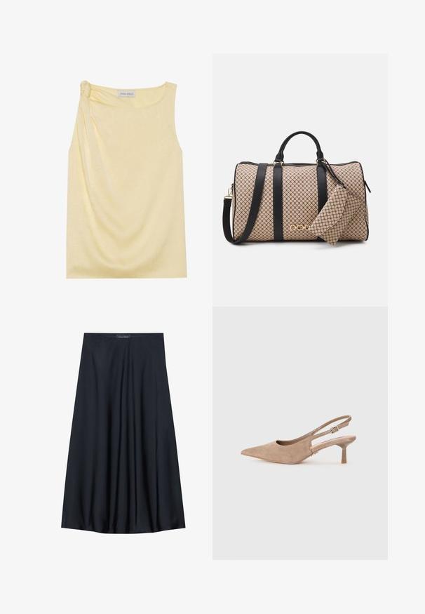 Uten ermer gul topp med en strukturert overflatestruktur og en samlet sidesøm. Myk stoff og en avslappet passform, med en rett kant.; Sort, knelangs skjørt laget av lett stoff med en flytende design. Har en jevn tekstur og subtile folder for ekstra detalj.; Beige semskede slingback-sko med spiss tå og lav, klar blokk-hæl. Har justerbar stropp for sikker passform.; Duffelbag med et beige mønster på utsiden, svarte lærstropper, gullfargede detaljer, og en liten matchende lomme vedheng. Strukturelt design.; Gullfarget rektangulær klokke med hvit urskive, sølvfargede timeindikatorer og et slitesterkt metallarmbånd. Vanntett funksjon inkludert.