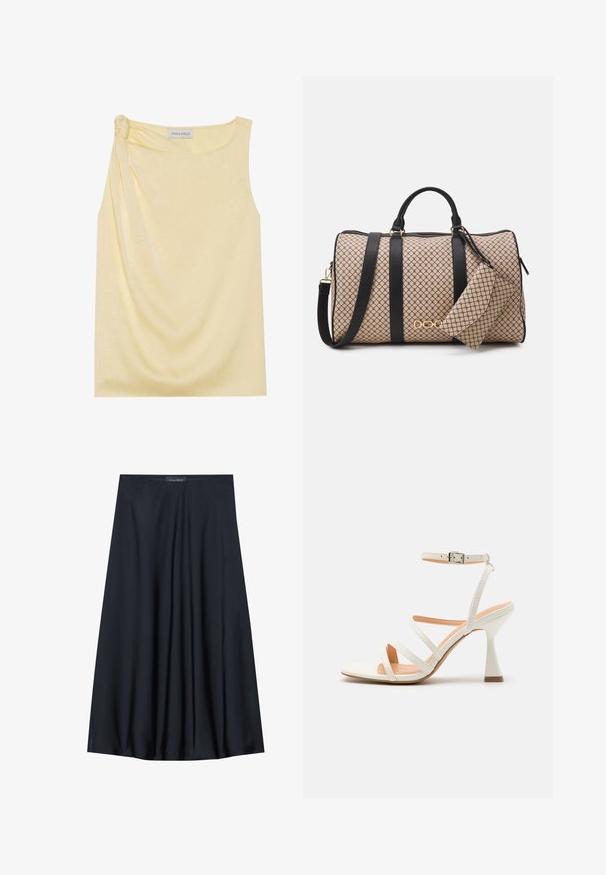 Top amarillo sin mangas con un acabado texturizado y un detalle arrugado en el lateral. Tejido suave y corte relajado, con un dobladillo recto.; Falda negra, de largo hasta la rodilla, hecha de una tela ligera con un diseño fluido. Presenta una textura suave y pliegues sutiles como detalle adicional.; Sandal de tacón alto blanco con tiras y hebilla en el tobillo, textura suave, punta cuadrada y tacón esculpido. Plantilla de color beige claro.; Bolso de lona con un exterior beige estampado, asas de cuero negro, herrajes dorados y un pequeño estuche a juego adjunto. Diseño estructurado.; Reloj de pulsera rectangular de tono dorado con esfera blanca, marcadores de horas de tono plateado y una duradera pulsera de metal. Incluye función de resistencia al agua.