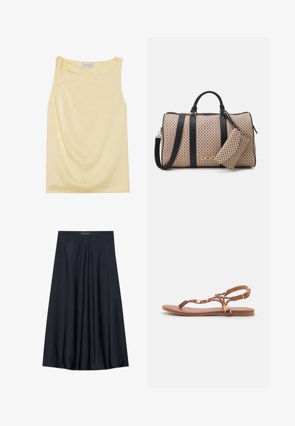 Ujj nélküli sárga felső, texturált felülettel és gyűrött oldalrészlettel. Puha anyagból készült és laza szabású, egyenes alsó szegéllyel.; Fekete, térdig érő szoknya könnyű anyagból, laza formával. Simább textúrával rendelkezik, és finom redők díszítik a részleteket.; Barna bőr lapos szandál, fonott mintázattal, vékony pántokkal, arany díszítésekkel és kényelmes talppal. Nyitott orrú stílus.; Beige mintás külsővel rendelkező sporttáska, fekete bőr pántokkal, arany színű fém kiegészítőkkel, és egy kis illeszkedő tárolóval, ami hozzá van erősítve. Strukturált dizájn.; Aranyszínű, téglalap alakú karóra fehér számlappal, ezüstszínű óránymarkerekkel és strapabíró fém láncszíjjal. Vízálló funkcióval rendelkezik.