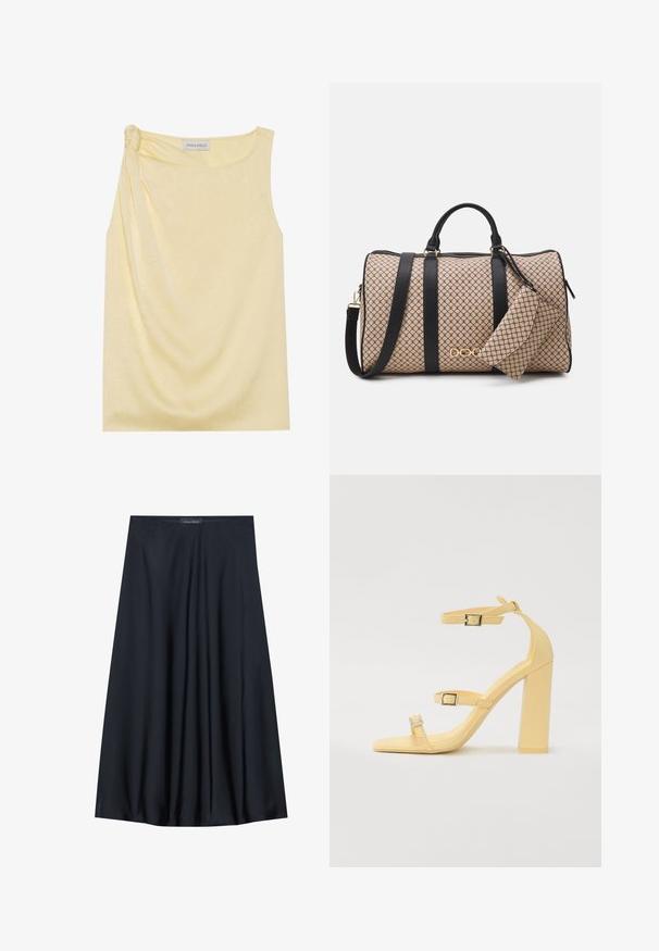 Bežėje be rankovių geltonas topas su tekstūruota apdaila ir susiraukšlėjusi detale šone. Minkšta medžiaga ir laisvas siluetas, turi tiesią apatinę kraštinę.; Juoda, iki kelių siekianti sijonas, pagamintas iš lengvos medžiagos, turinčios sraunią struktūrą. Jame yra lygus paviršius ir subtilūs raukiniai, skirti papildomam akcentui.; Geltoni blokiniai kulniukai su trimis reguliuojamais diržais, kvadratinis pirštas, sklandus sintetinės medžiagos paviršius ir sidabrinės tono sagtelės.; Būtinė kuprinė su kreminės spalvos raštuotu išoriniu paviršiumi, juodais odiniais diržais, auksine furnitūra ir mažai atitinkančia kišene. Struktūrizuotas dizainas.; Aukso spalvos kvadratinis laikrodis su baltu ciferblatu, sidabro spalvos valandų žymekliais ir patvariu metaliniu apyrankiu. Įtrauktas vandeniui atsparus funkcionalumas.