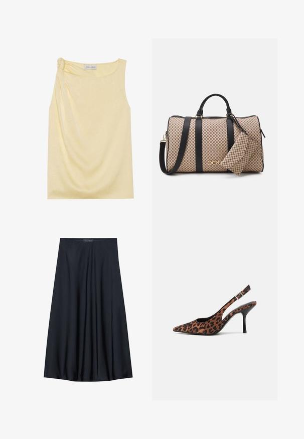 Bezrukawnik w żółtym kolorze o teksturowanym wykończeniu i marszczonym boku. Miękka tkanina oraz luźny krój, z prostym dołem.; Czarna spódnica do kolan, wykonana z lekkiego materiału o zwiewnym kroju. Charakteryzuje się gładką fakturą i subtelnymi fałdami dla dodatkowego detalu.; Czółenka na obcasie z leoparda, z wąskim noskiem, czarnym błyszczącym obcasem i regulowanym paskiem na kostce. Miękki materiał o textured powierzchni.; Torba typu duffle w beżowym wzorowanym wykończeniu, z czarnymi skórzanymi paskami, złotymi elementami oraz małą pasującą kieszonką przyczepioną do torby. Strukturalny design.; Złoty prostokątny zegarek na nadgarstek z białą tarczą, srebrnymi znacznikami godzin i wytrzymałym metalowym bransoletą. Wbudowana funkcja wodoodporna.