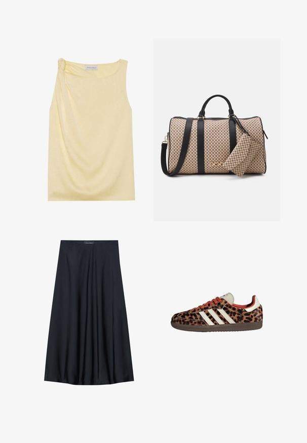 Ärmelloses, gelbes Oberteil mit strukturiertem Finish und gerafftem Seitendetail. Weicher Stoff und lockere Passform, mit geradem Saum.; Schwarzer, knielanger Rock aus leichtem Material mit fließendem Design. Verfügt über eine glatte Textur und subtile Falten für zusätzliche Details.; Sneaker im Leopardenmuster aus Wildleder mit roten Schnürsenkeln und drei weißen Streifen an der Seite. Sie haben eine cremefarbene Zunge und eine braune Sohle.; Duffle-Bag mit einem beigen gemusterten Äußeren, schwarzen Ledergriffen, goldenen Beschlägen und einer kleinen passenden Tasche, die befestigt ist. Strukturierte Form.; Goldfarbene rechteckige Armbanduhr mit Zifferblatt in Weiß, silbernen Stundenmarkierungen und einem strapazierfähigen Metallarmband. Wasserfest.