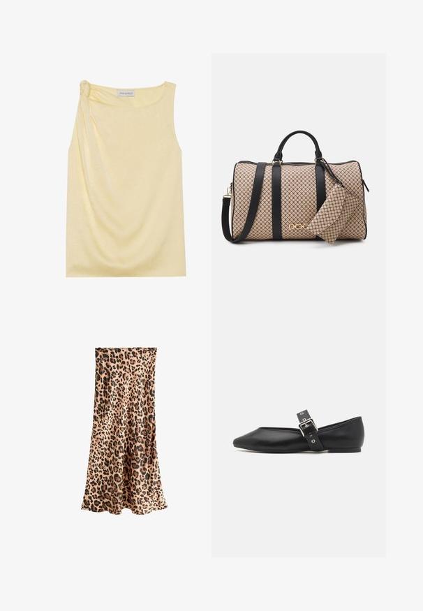 Bez piedurknēm dzeltena blūze ar teksturētu apdari un saplacinātu sānu detaļu. Mīksts audums un brīvs piegriezums, ar taisnu apakšmalu.; Next PETITE FIT - Maksi svārki - leopard; Melna ādas plakano kurpju ar norādītu purngalu, sānu siksniņu ar sudraba sprādzi un zemu papēdi. Gluda tekstūra un minimālisma dizains.; Dafels soma ar beigu rakstu ārējo virsmu, melnām ādas siksnām, zelta piederumiem un mazu atbilstošu maisiņu. Strukturēts dizains.; Zelta tonis taisnstūra rokas pulkstenis ar balto ciparnīcu, sudraba tonis stundu rādītājiem un izturīgu metāla saiti. Iekļauta ūdens izturība.