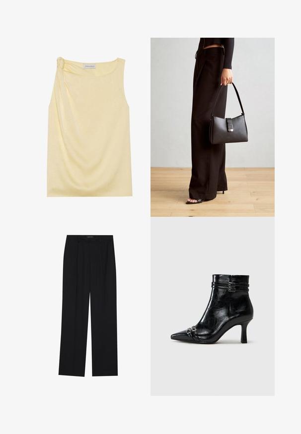Sleeveless yellow top with a textured finish and a gathered side detail. Soft fabric and a relaxed fit, featuring a straight hem.; Black trousers with a straight-leg design, featuring two front pockets and a waistband. Made from a smooth, lightweight fabric.; Tamaris Wedge Ankle Boots - black; Black handbag with structured shape, smooth texture, and a metallic clasp. Paired with wide black pants and open-toe sandals on wooden floor.