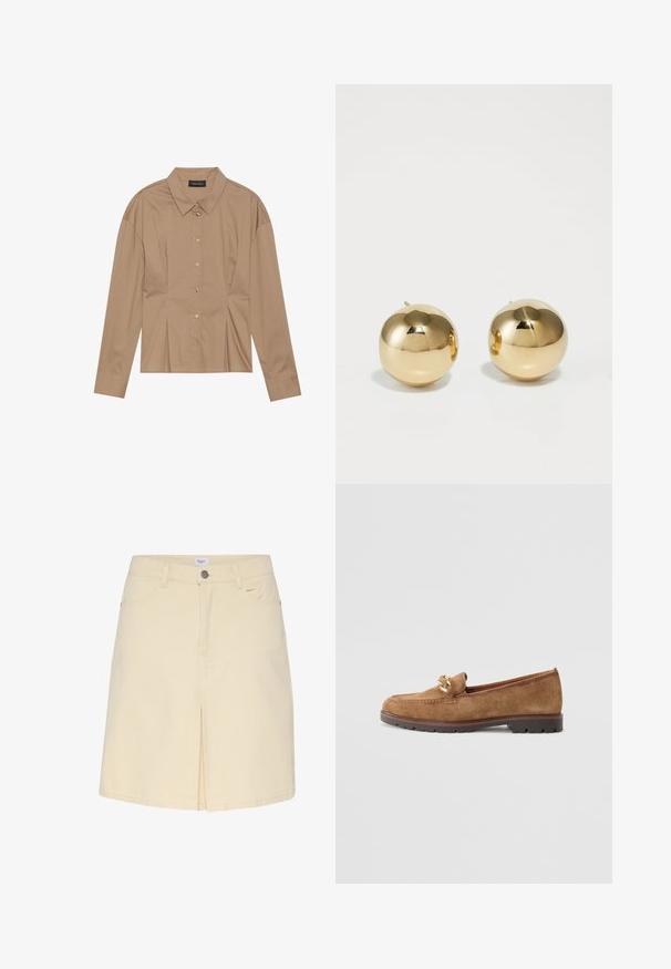 Smeđa dugorukava košulja s ovratnikom, prednjim kopčanjem na gumbe i detaljima nabora. Izrađena od glatkog materijala s uskim krojem.; Svijetlosmeđa traper suknja s prednjim prorezom, standardnim pojasom i klasičnim dizajnom s pet džepova. Glatka tekstura i minimalistički stil.; Tamaris Obuća za navlačenje - camel; Zlatni okrugli stuđevi naušnice s poliranim završetkom i malim postom. Imaju glatku teksturu i reflektirajuću površinu.