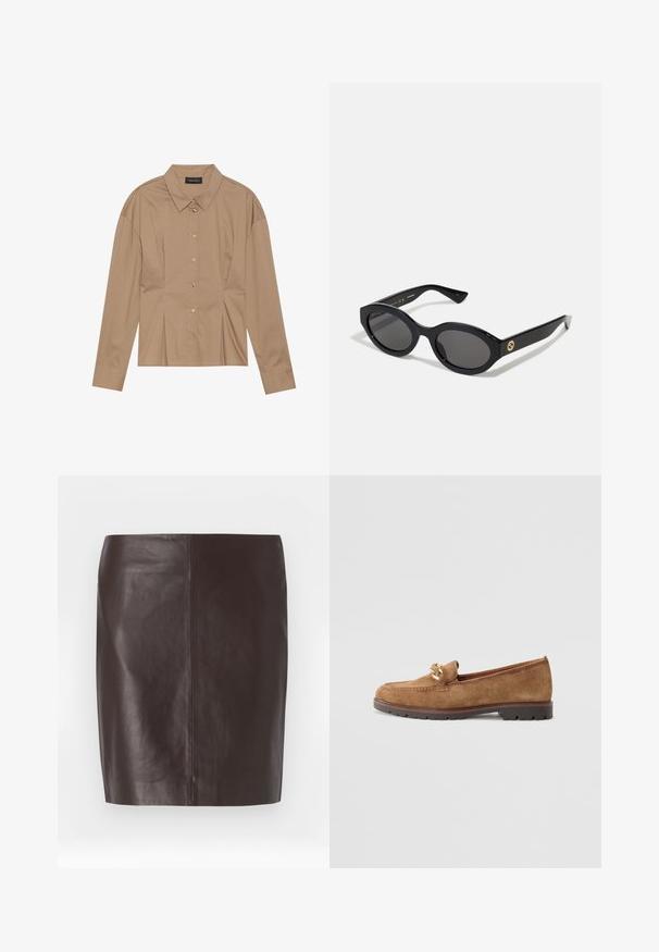 Ruskea pitkähihaisneule, jossa on kauluksen yläosa, napitettava etuosa ja poimutustiedot. Valmistettu sileästä kankaasta, joka on muotoon sopiva.; Ruskea nahkahame, jossa on suora leikkaus, sileä pinta ja erittäin vähän ompelua. Hame on keskipitkä eikä siinä ole koristeita.; Tamaris Loaferit/pistokkaat - camel; Mustat soikeat aurinkolasit tummilla linsseillä ja kiiltävästä muovista valmistetulla kehällä. Varustettu kullanvärisellä logolla temppeleissä, tarjoten tyylikkään ja modernin muotoilun.; Kultaiset pallomaiset nappikorvakorut, joissa on kiiltävä pinta ja pieni tappi. Ominaisuuksina sileä tuntuma ja heijastava pinta.