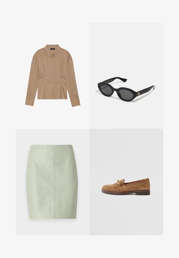 Smeđa dugorukava košulja s ovratnikom, prednjim kopčanjem na gumbe i detaljima nabora. Izrađena od glatkog materijala s uskim krojem.; Mini suknja od mente boje od kože s glatkom teksturom, uskim dizajnom i središnjim šavom koji vertikalno prolazi na leđima.; Tamaris Obuća za navlačenje - camel; Crne ovalne sunčane naočale s tamnim staklima i sjajnim plastičnim okvirom. Sadrže zlatni logotip na sljepoočnici, što pruža elegantan i moderni dizajn.; Zlatni okrugli stuđevi naušnice s poliranim završetkom i malim postom. Imaju glatku teksturu i reflektirajuću površinu.