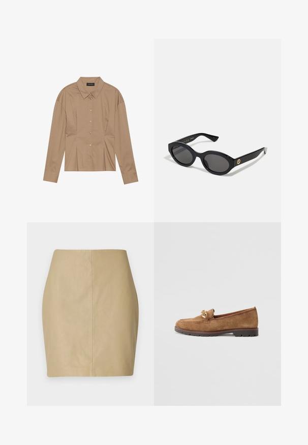 Rjava srajca z dolgimi rokavi in ovratnikom, z gumbi spredaj in s plastmi. Narejena iz gladkega materiala z oprijetim krojem.; Bež kratek usnjen krilo s prilegajočo se zasnovo, gladko teksturo in centralnim šivom, ki poteka navpično po hrbtu.; Tamaris Čevlji brez vezalk - camel; Črne ovalne sončna očala s temnimi lečami in sijočim plastičnim okvirjem. Imajo zlat logo na robu, kar ponuja eleganten in sodoben oblikovalski pristop.; Zlati okrogli uhani s poliranim zaključkom in majhnim držalom. Imajo gladko teksturo in odsevno površino.